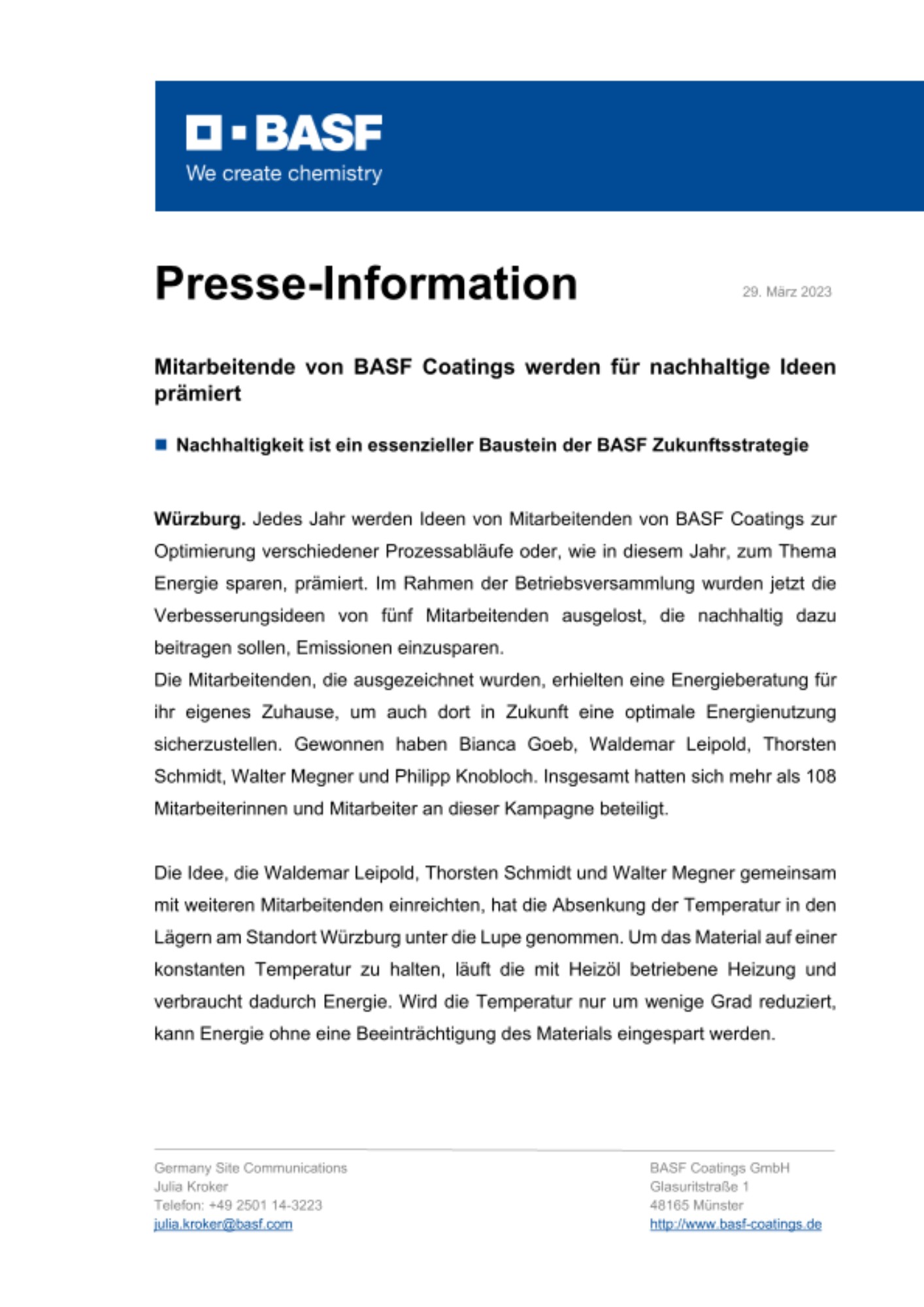 Mitarbeitende von BASF Coatings werden für nachhaltige Ideen prämiert Mitarbeitende von BASF Coatings werden für nachhaltige Ideen prämiert
